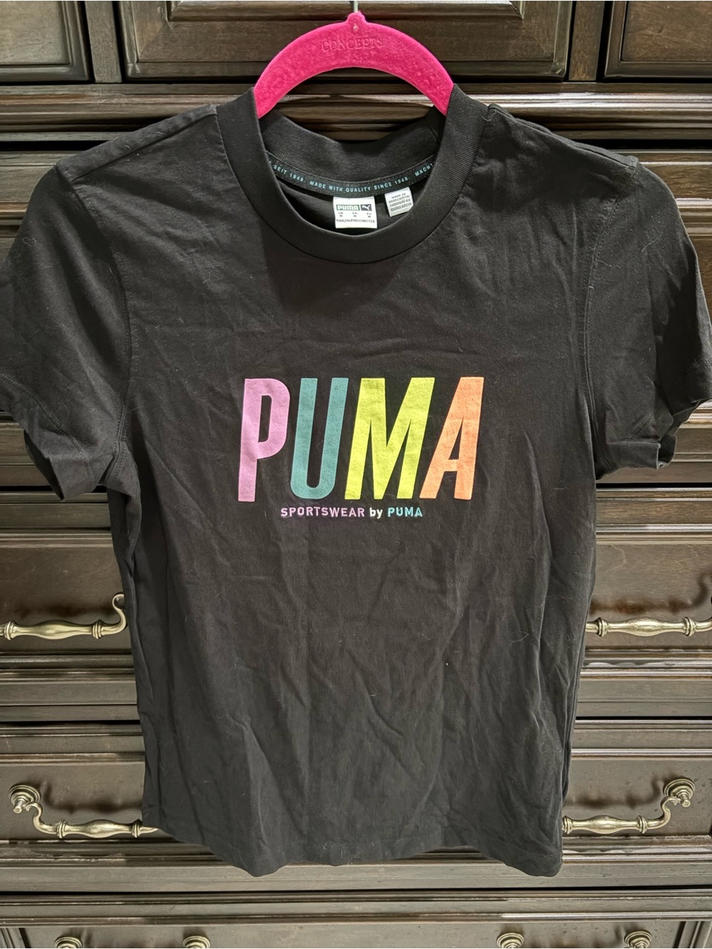 PUMA Women’s Black Crewneck T-Shirt with Rainbow Logo-size Med (but runs small)